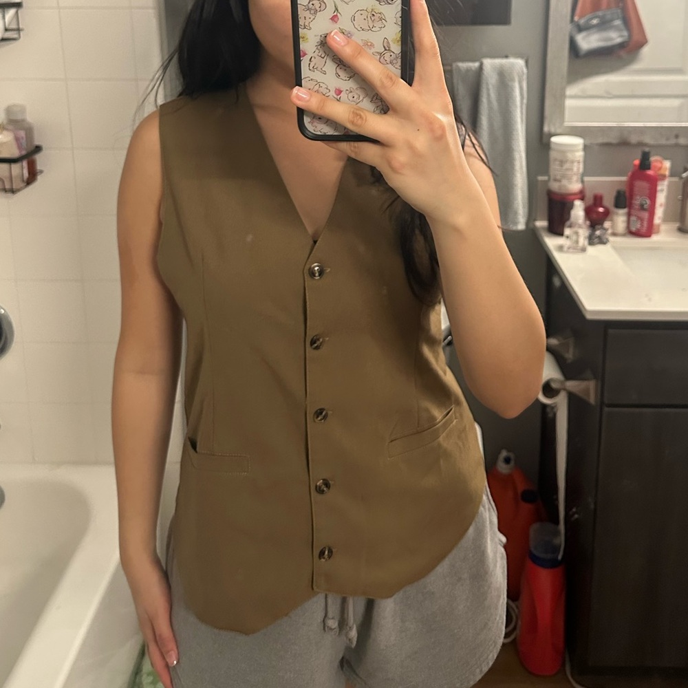 Tan Button Up V Neck Vest